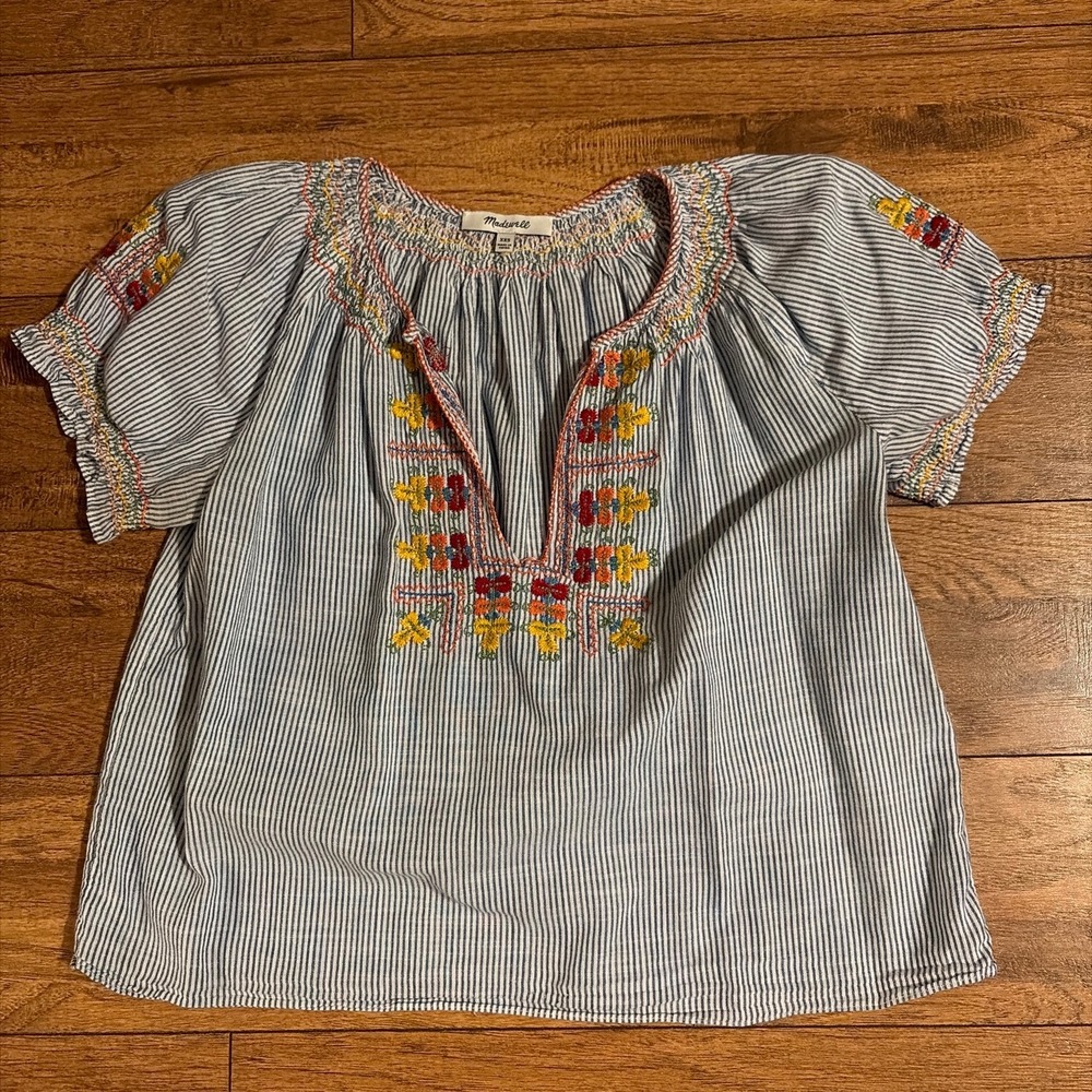 Madewell Blouse Womens XXS Blue Stripe Embroidered Boho Excellent Short Sleeve